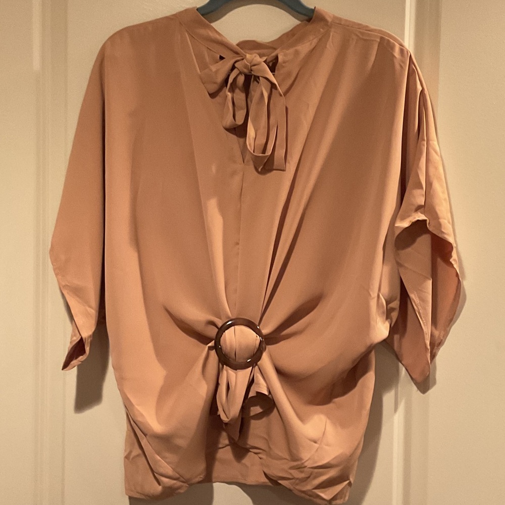 Chic Tan Women's Blouse with Bow and Ring Detail